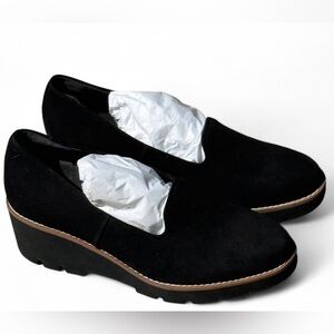 Women's Black Suede Slip-On Wedge Loafers